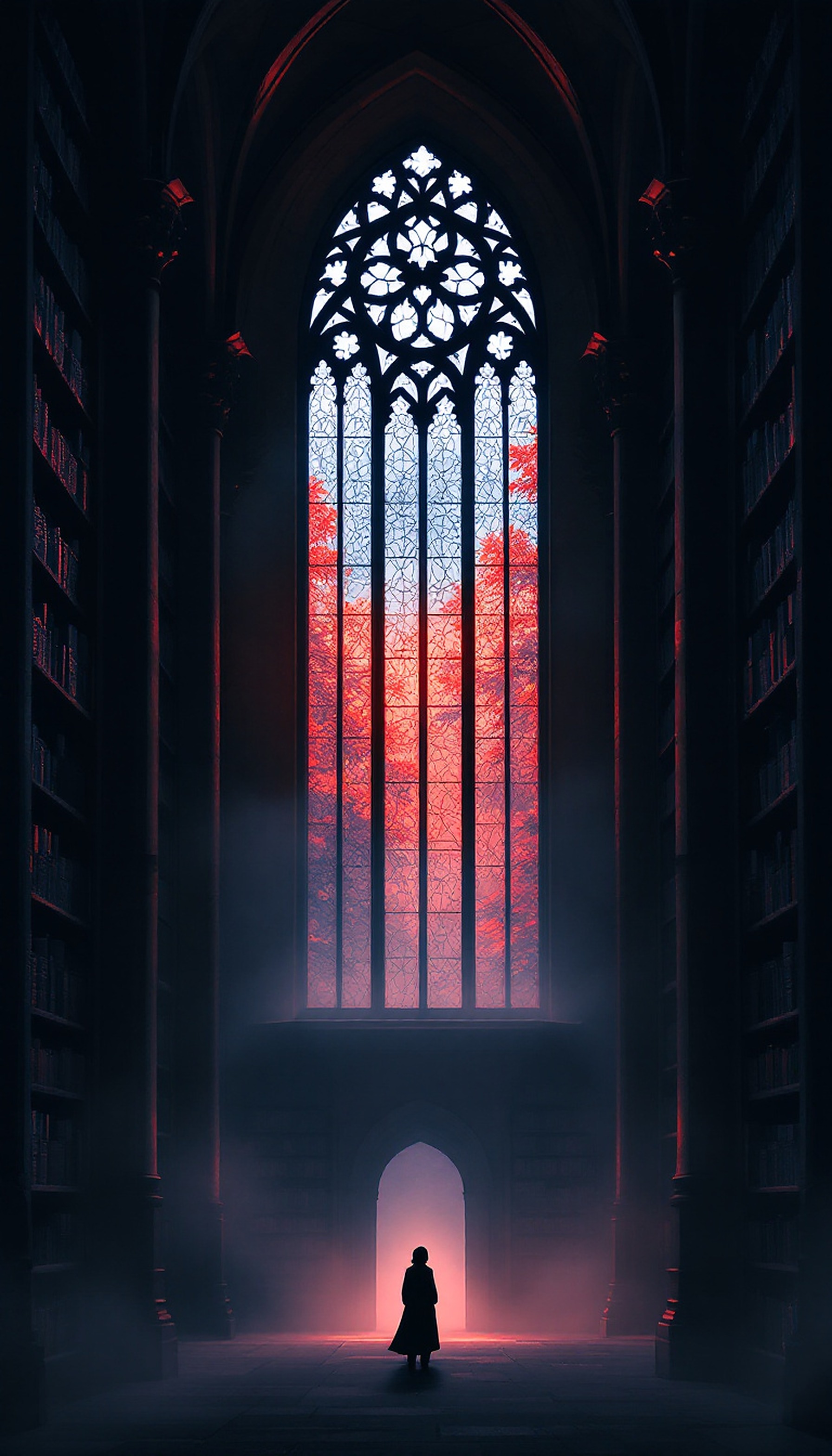 Mysterious Gothic Library with Red Autumn View, gothic library, stained glass, autumn window, dark academia, fantasy wallpaper, mysterious