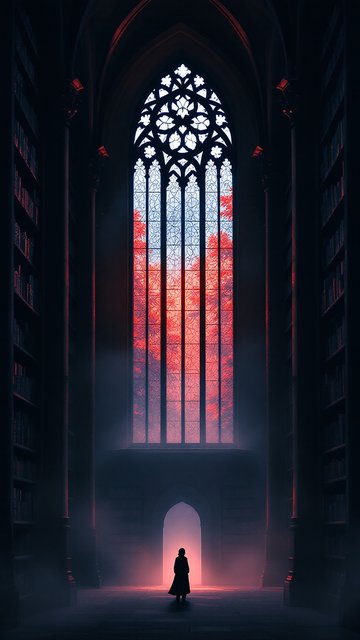 Mysterious Gothic Library with Red Autumn View