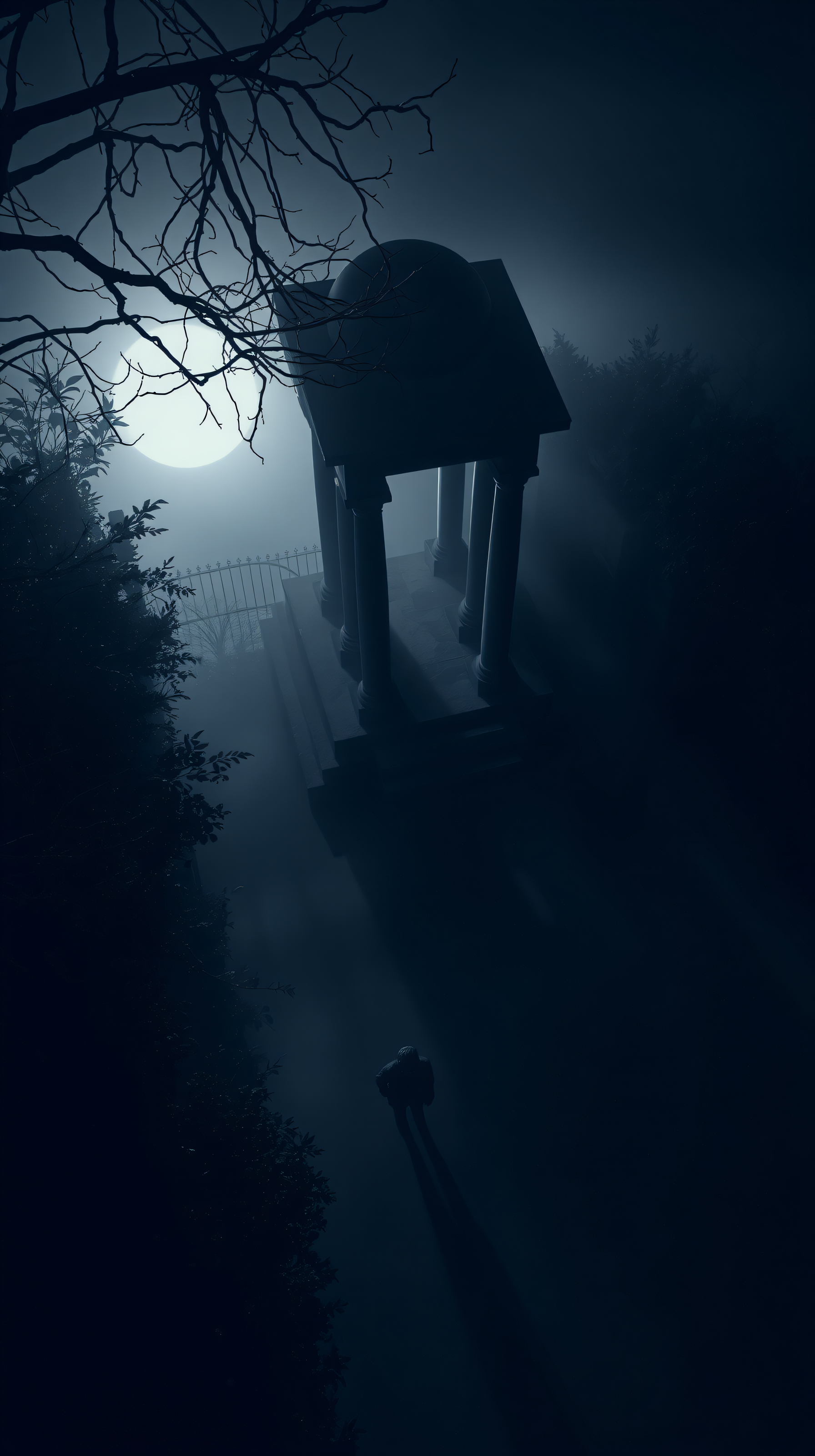 Mysterious Moonlit Temple Path in Fog, dark fantasy, gothic wallpaper, moonlit fog, mystery, ancient temple, creepy aesthetic