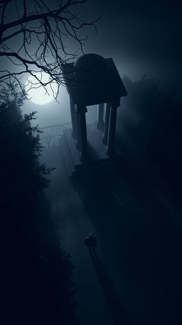 Mysterious Moonlit Temple Path in Fog