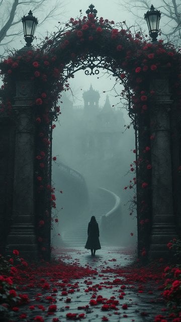 Gothic Rose Archway to Misty Castle Wallpaper