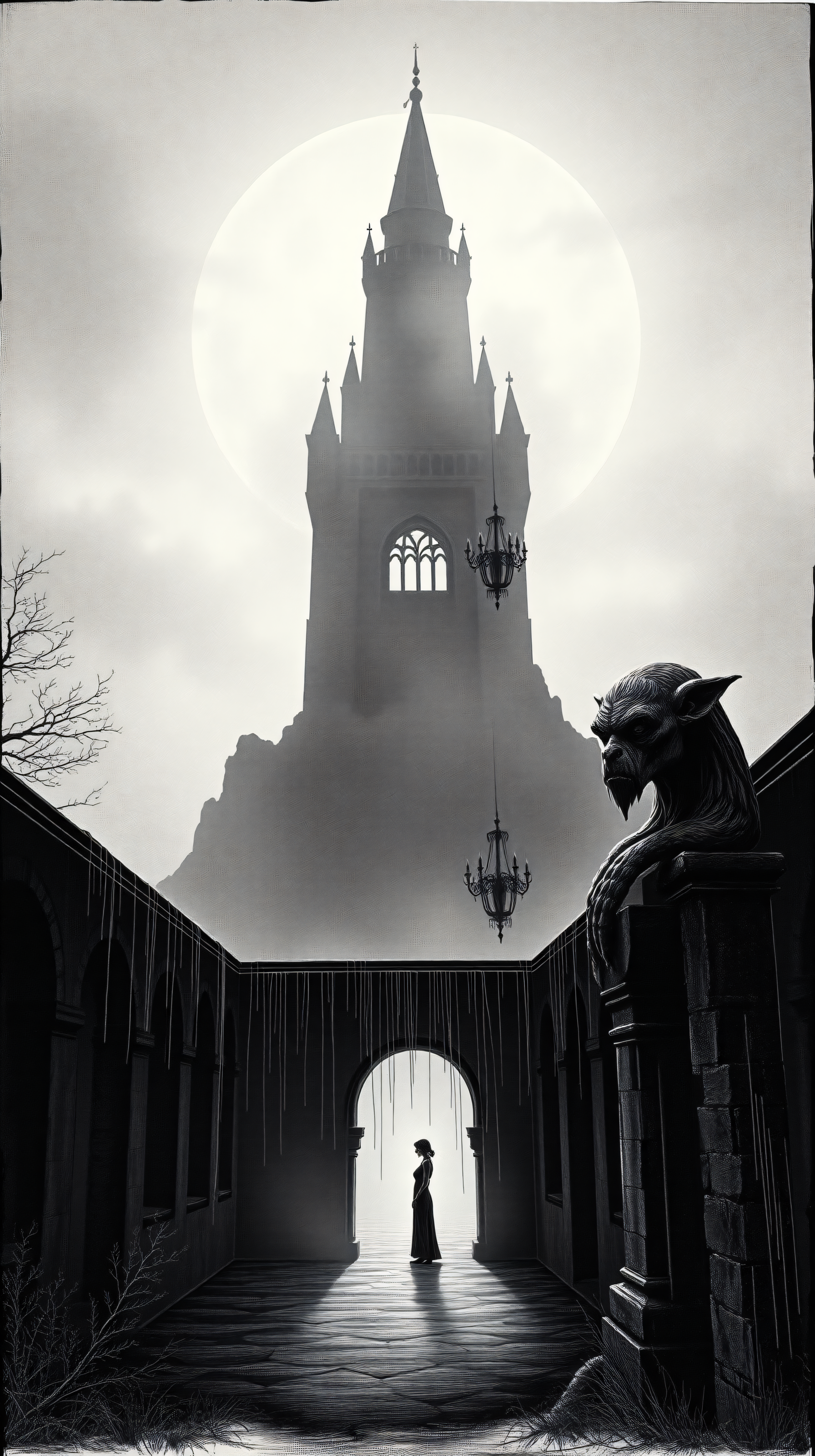 Gothic Moonlight Castle with Elegant Silhouette, gothic castle, moonlight, black and white, dark fantasy, silhouette, gargoyle