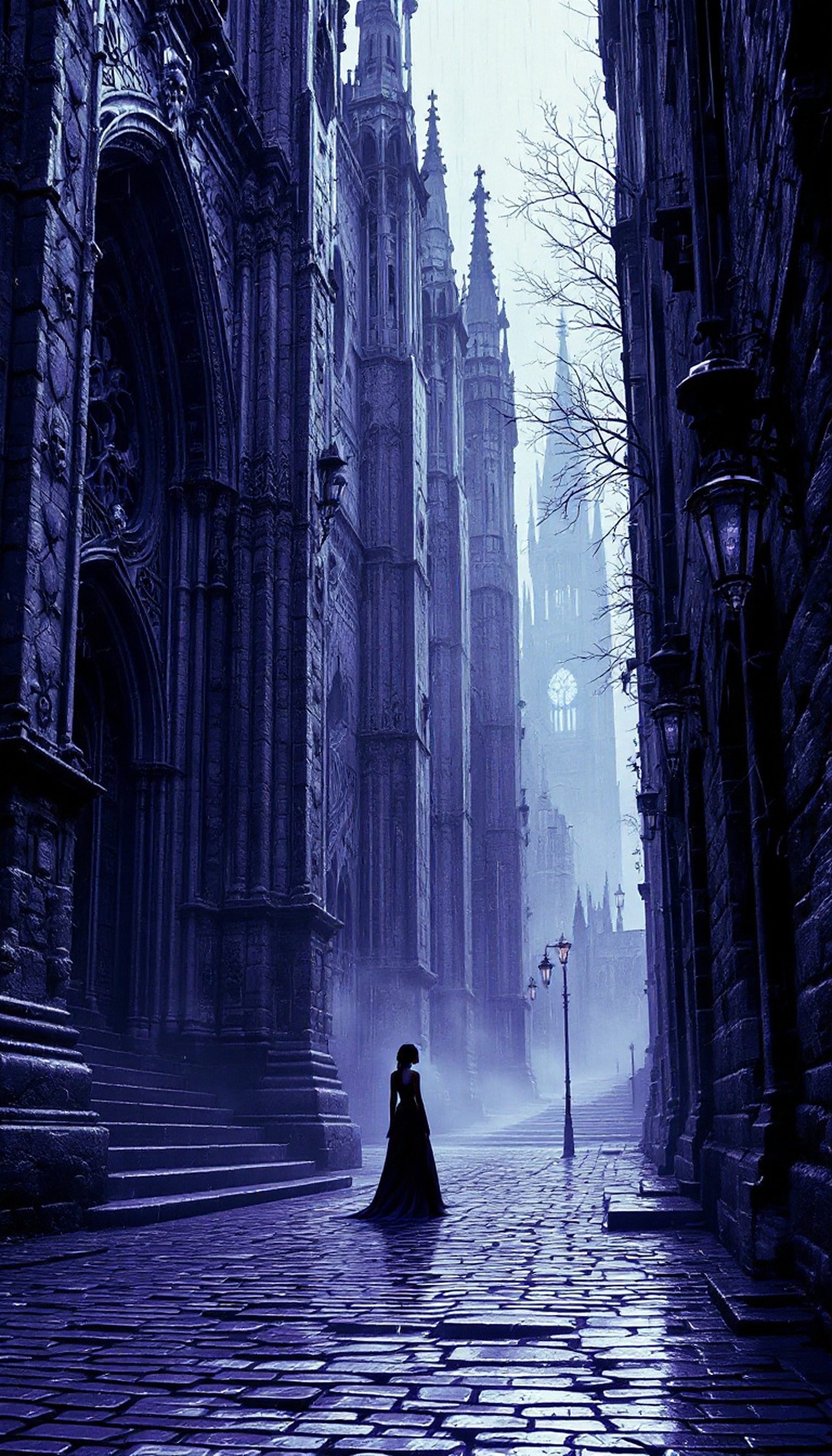 Gothic Alleyway with Silhouette in Misty Violet Light, gothic architecture, dark fantasy, violet alley, cathedral, misty, silhouette
