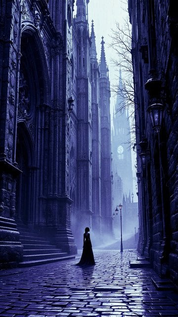 Gothic Alleyway with Silhouette in Misty Violet Light