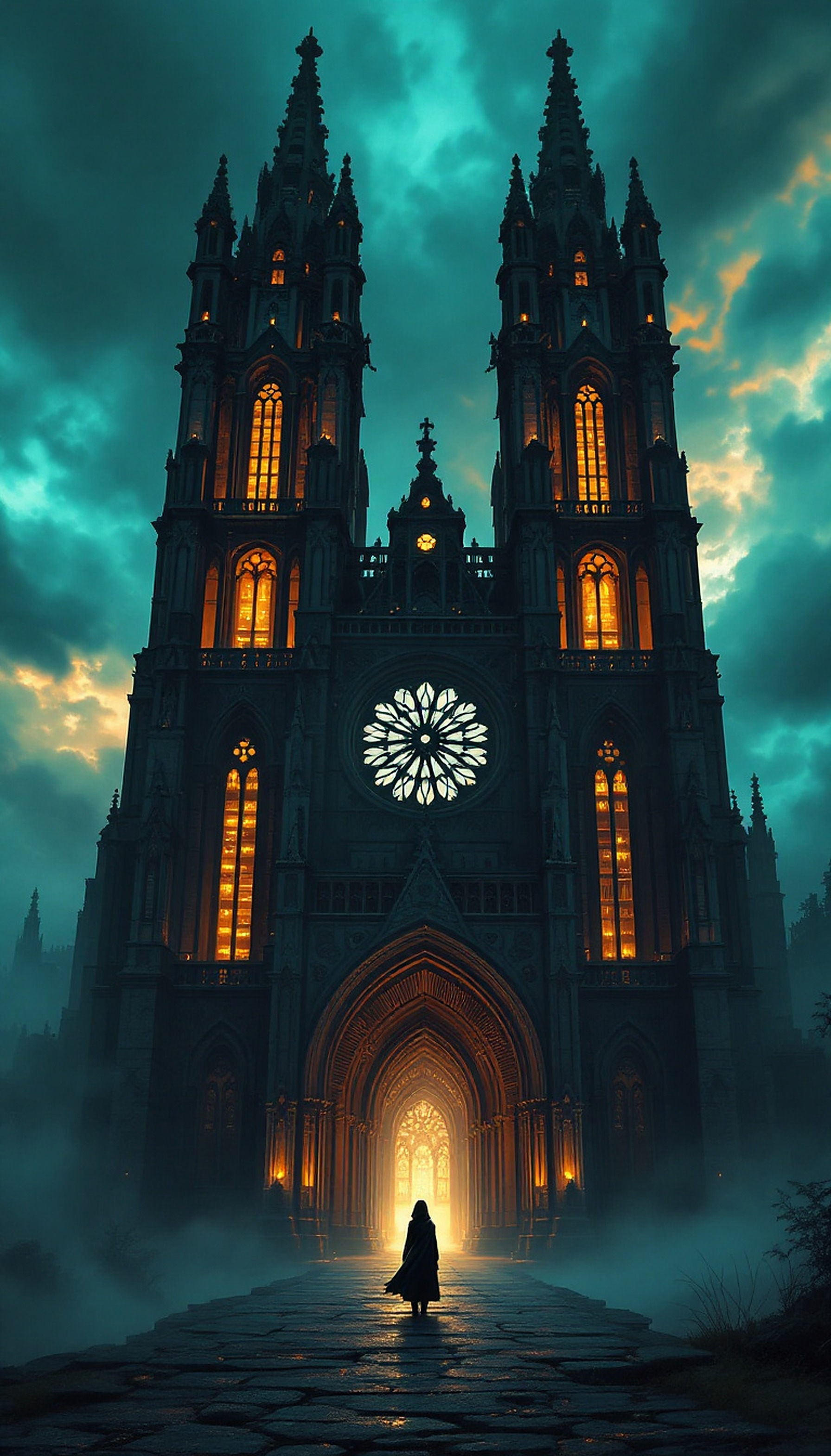 Gothic Cathedral at Twilight with Lone Figure, gothic architecture, cathedral, dark fantasy, mysterious, twilight, teal