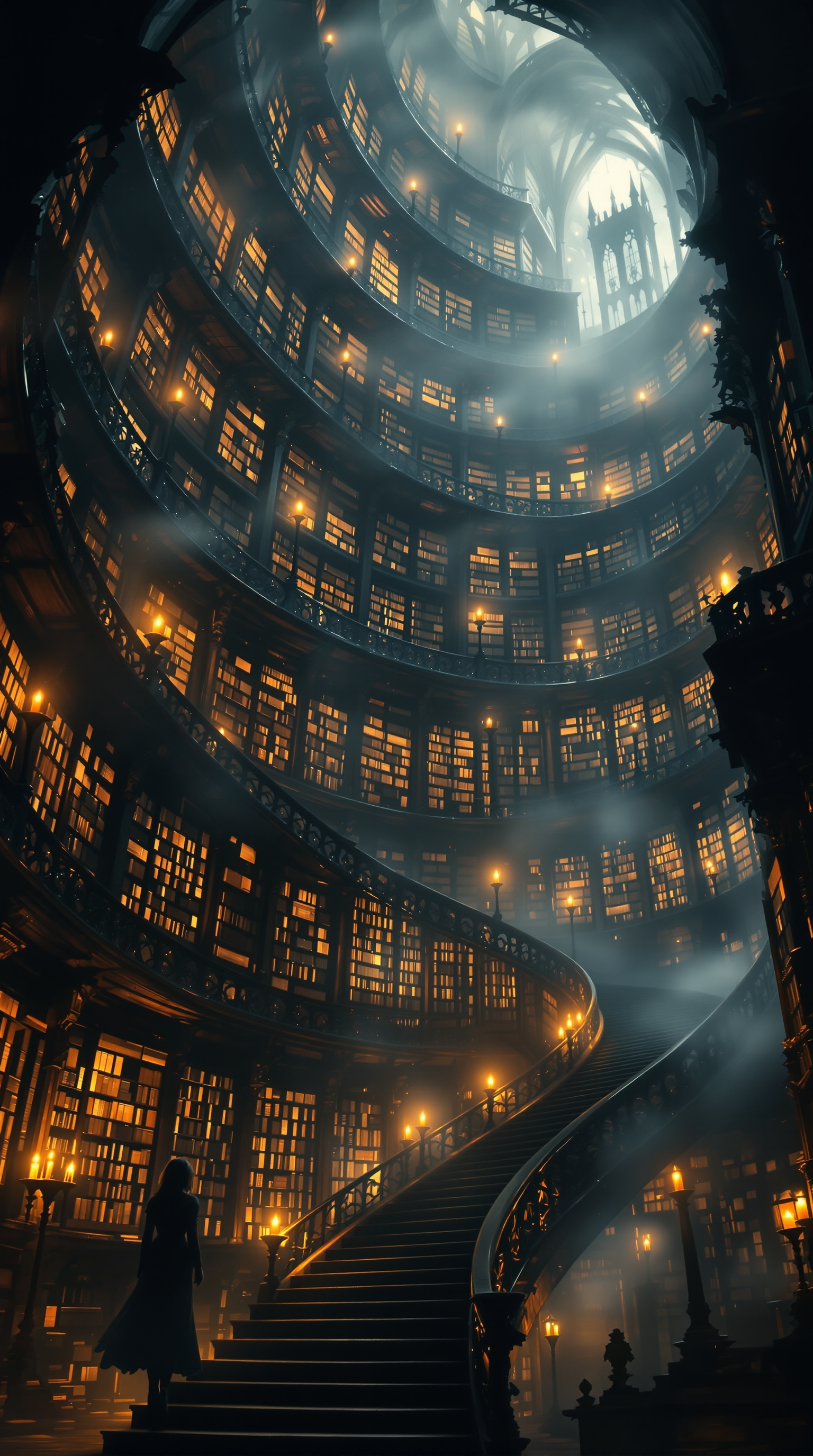 Enchanted Spiral Library: Gothic Fantasy Realm, spiral library, gothic fantasy, dark academia, enchanted realm, mystical light, ancient books
