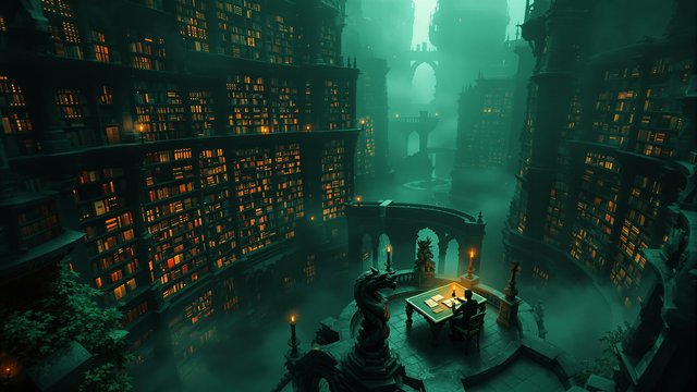 Mystical Ancient Library at Night Wallpaper