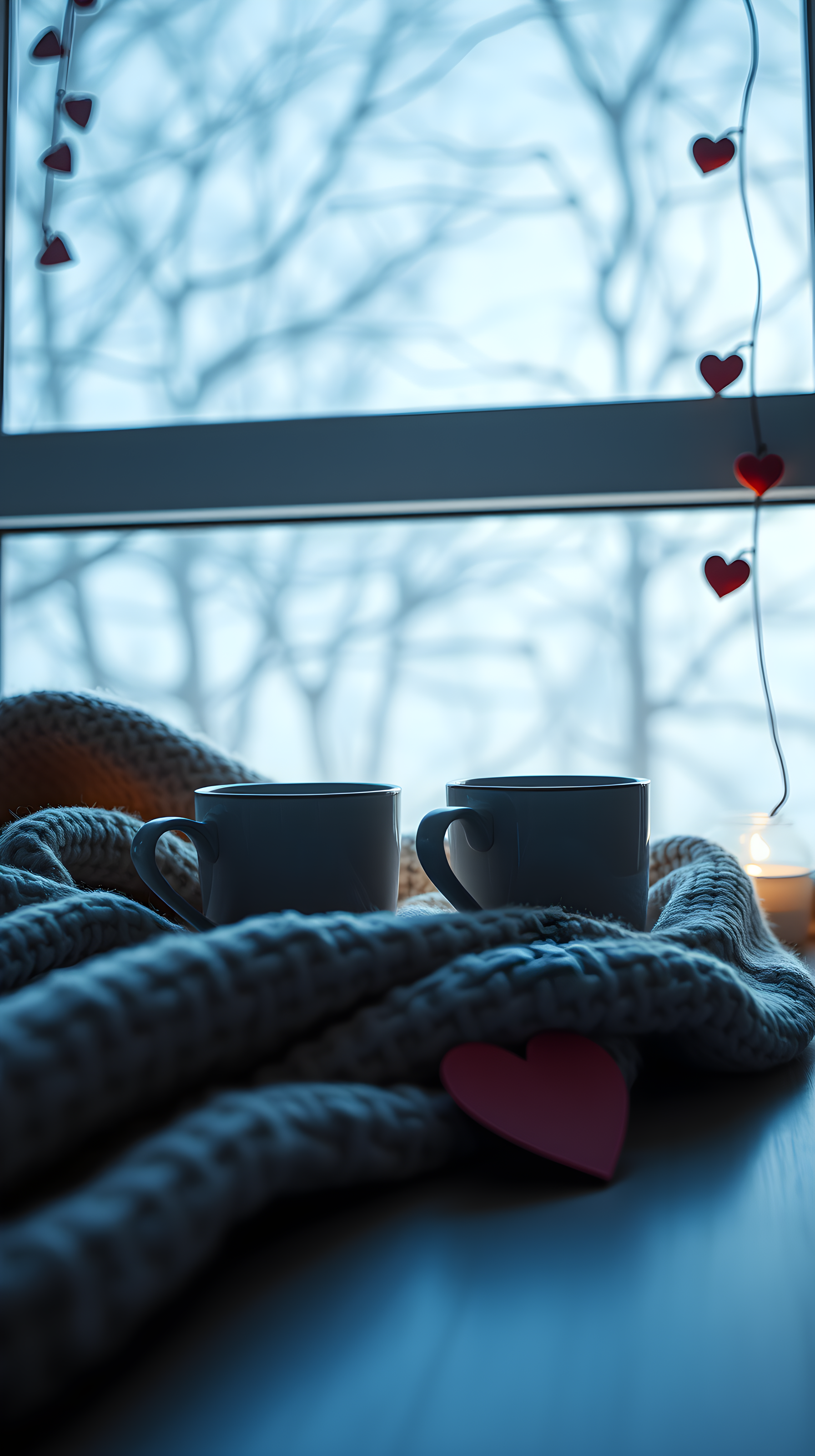 Cozy Winter Window with Hearts & Mugs, cozy, romantic, winter, hygge, hearts, mugs