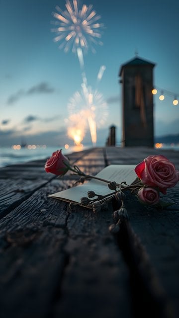 Romantic Roses & Fireworks on Pier Wallpaper
