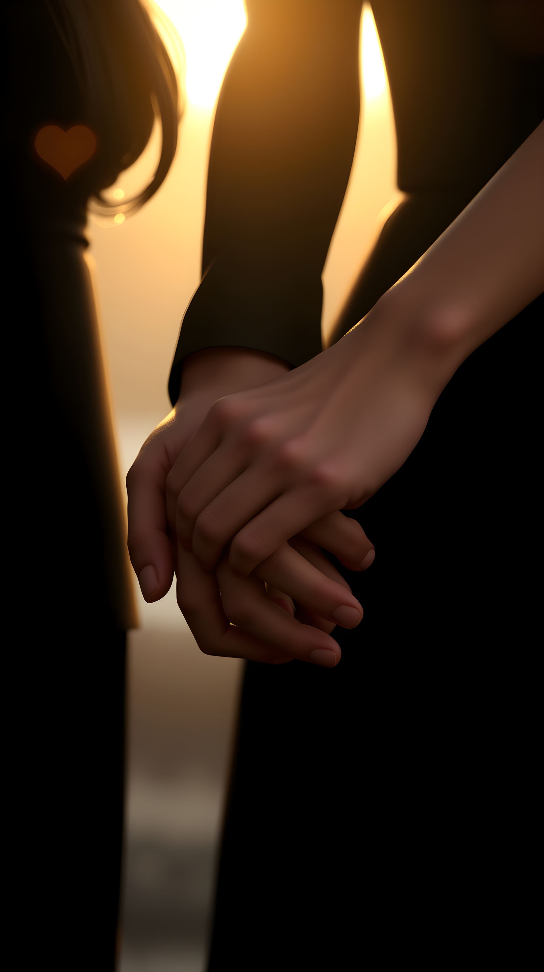 Romantic Couple Holding Hands at Sunset with Heart Bokeh, couple, holding hands, romantic, sunset, golden hour, love