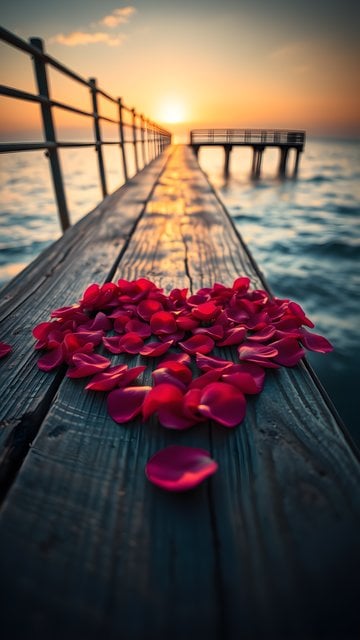 Sunset Pier with Rose Petal Heart - Romantic Wallpaper