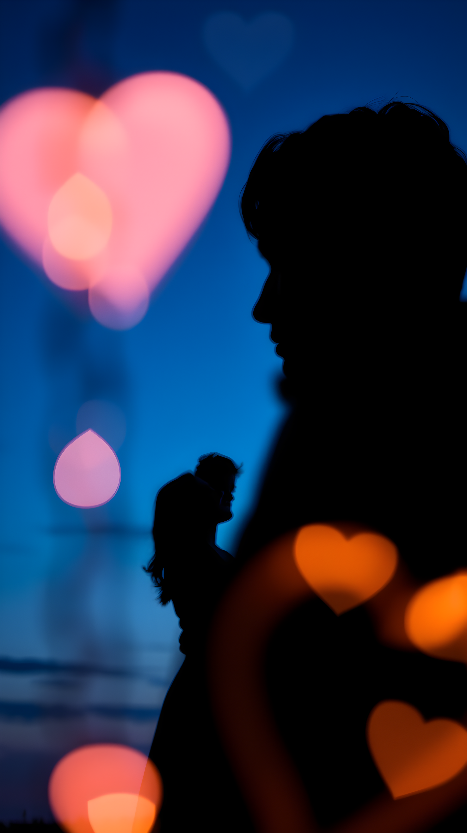 Romantic Couple Silhouette, Heart Bokeh Wallpaper, couple, silhouette, hearts, bokeh, romance, love