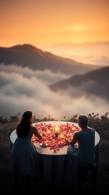 Romantic Sunset Dinner, Mountain View with Clouds