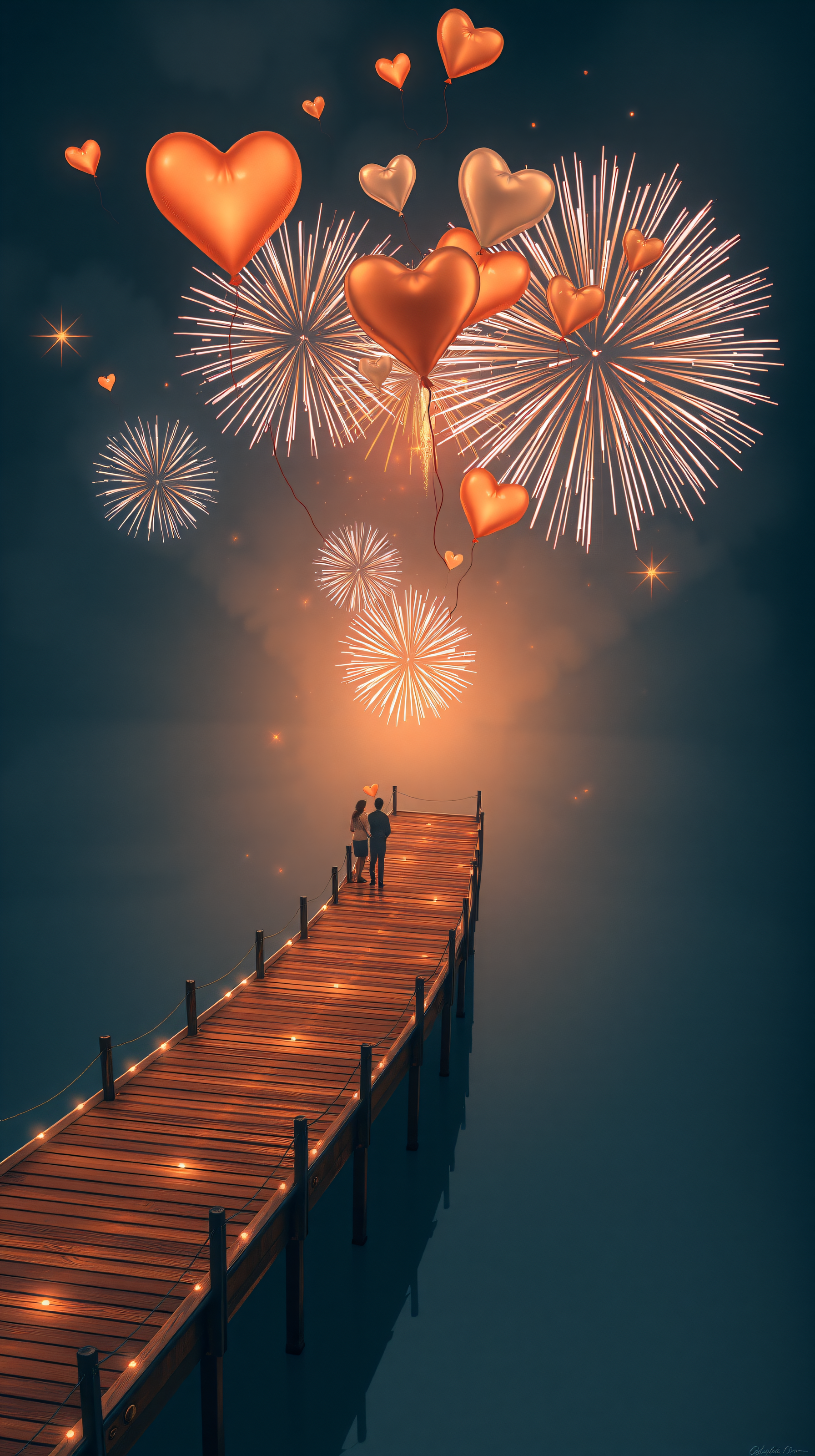 Romantic Fireworks & Heart Balloons Over Pier, romantic, fireworks, heart balloons, pier, couple, love
