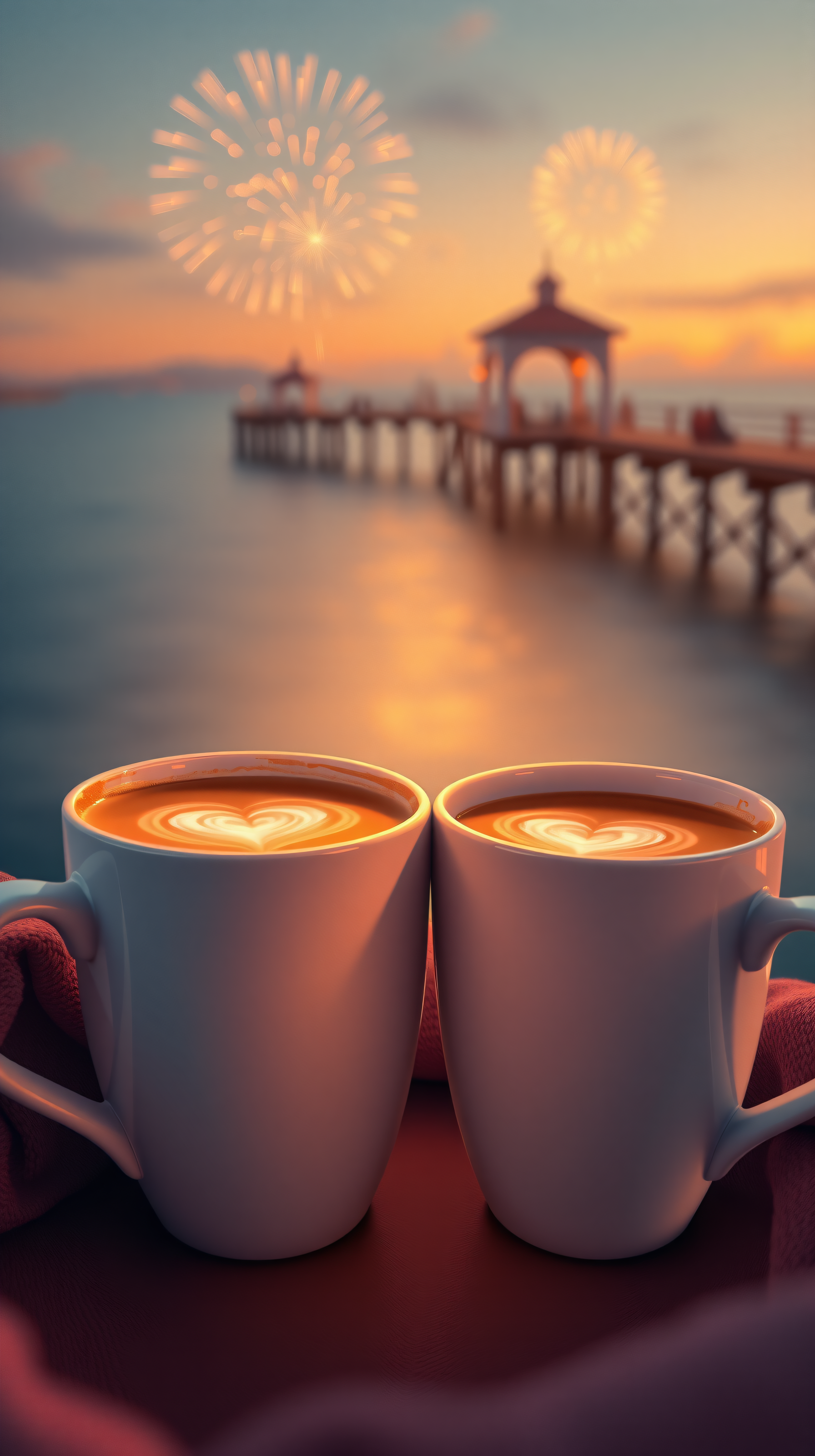 Romantic Coffee Sunset with Fireworks & Heart Latte Art, coffee, latte art, hearts, romantic, sunset, fireworks