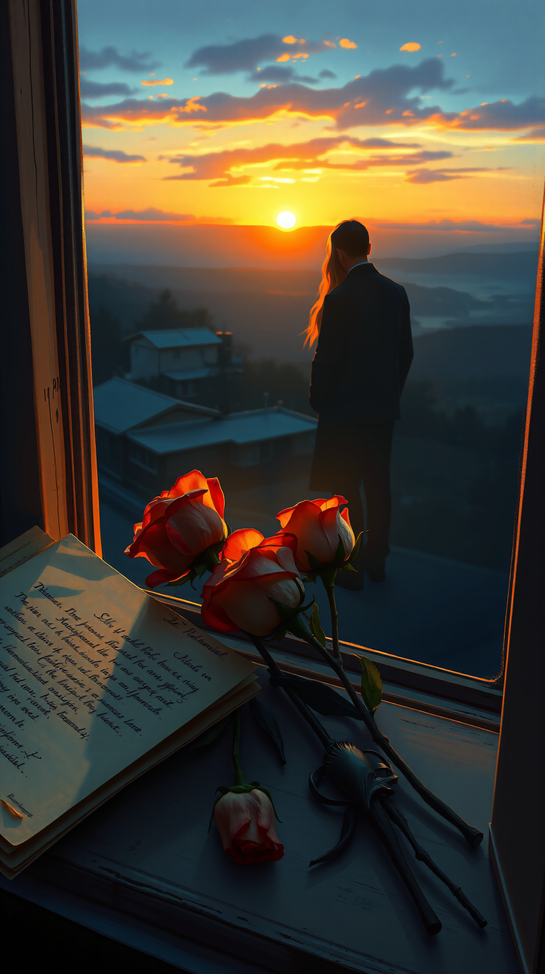 Romantic Sunset Window View with Roses, sunset, romantic, roses, window view, golden hour, couple