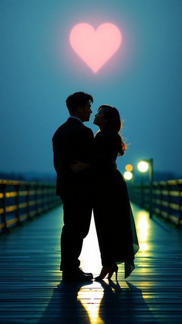 Romantic Couple Silhouette, Glowing Heart Pier