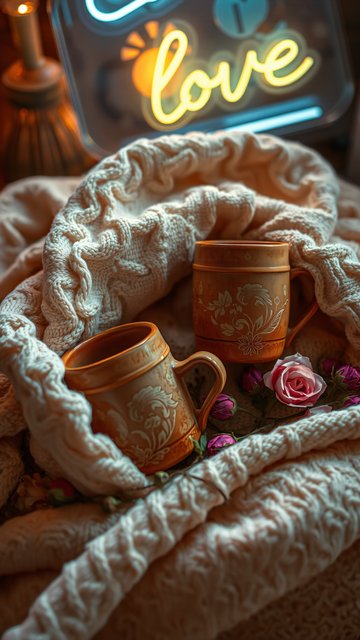 Cozy Knitted Blanket with Mugs & Love Neon Sign