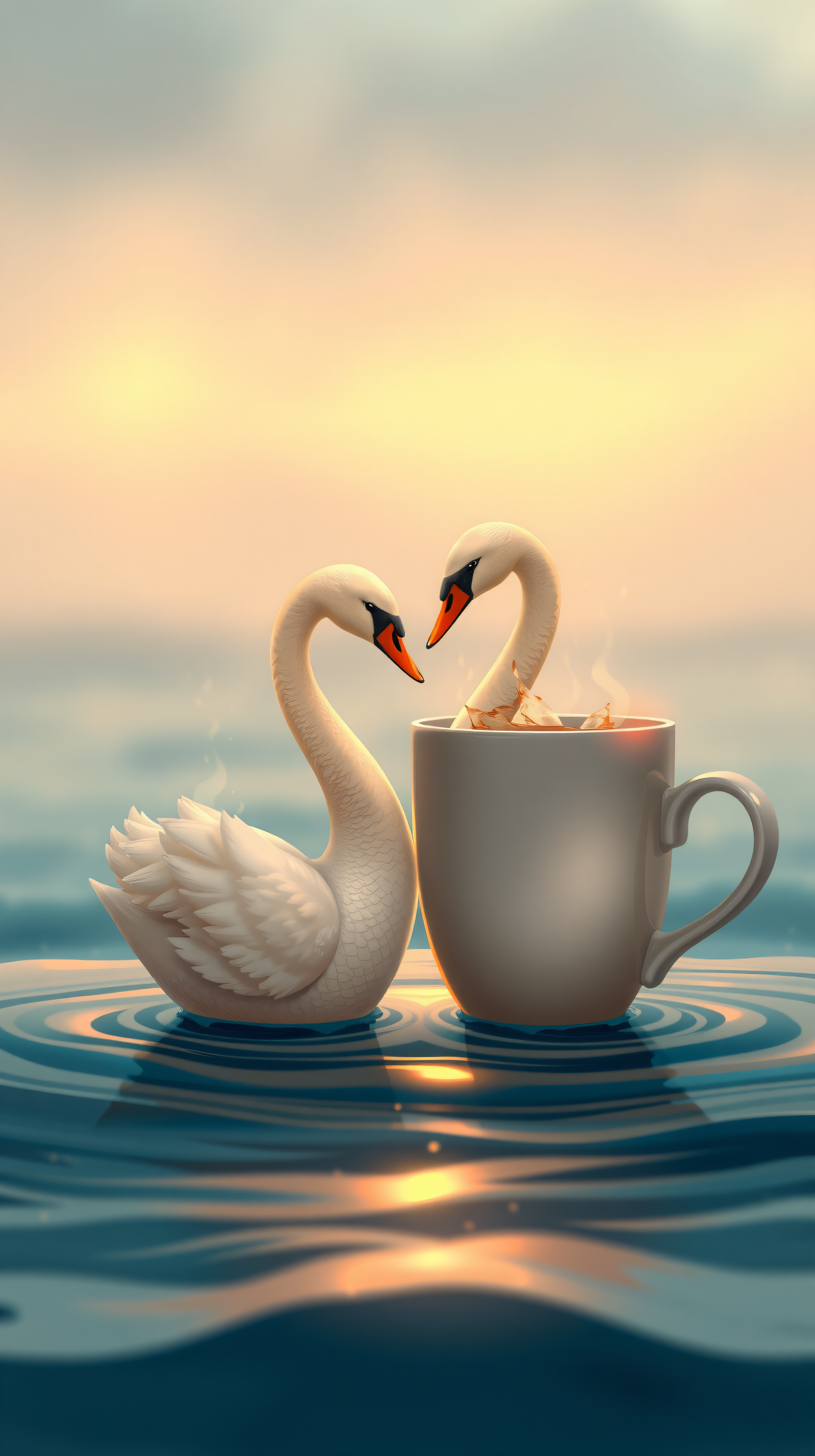 Romantic Swans in Mug at Sunset Wallpaper, swans, romantic, love, couple, coffee mug, sunset