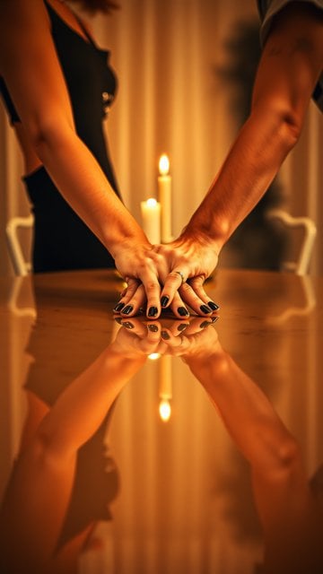 Romantic Couple Hands by Candlelight on Reflective Table