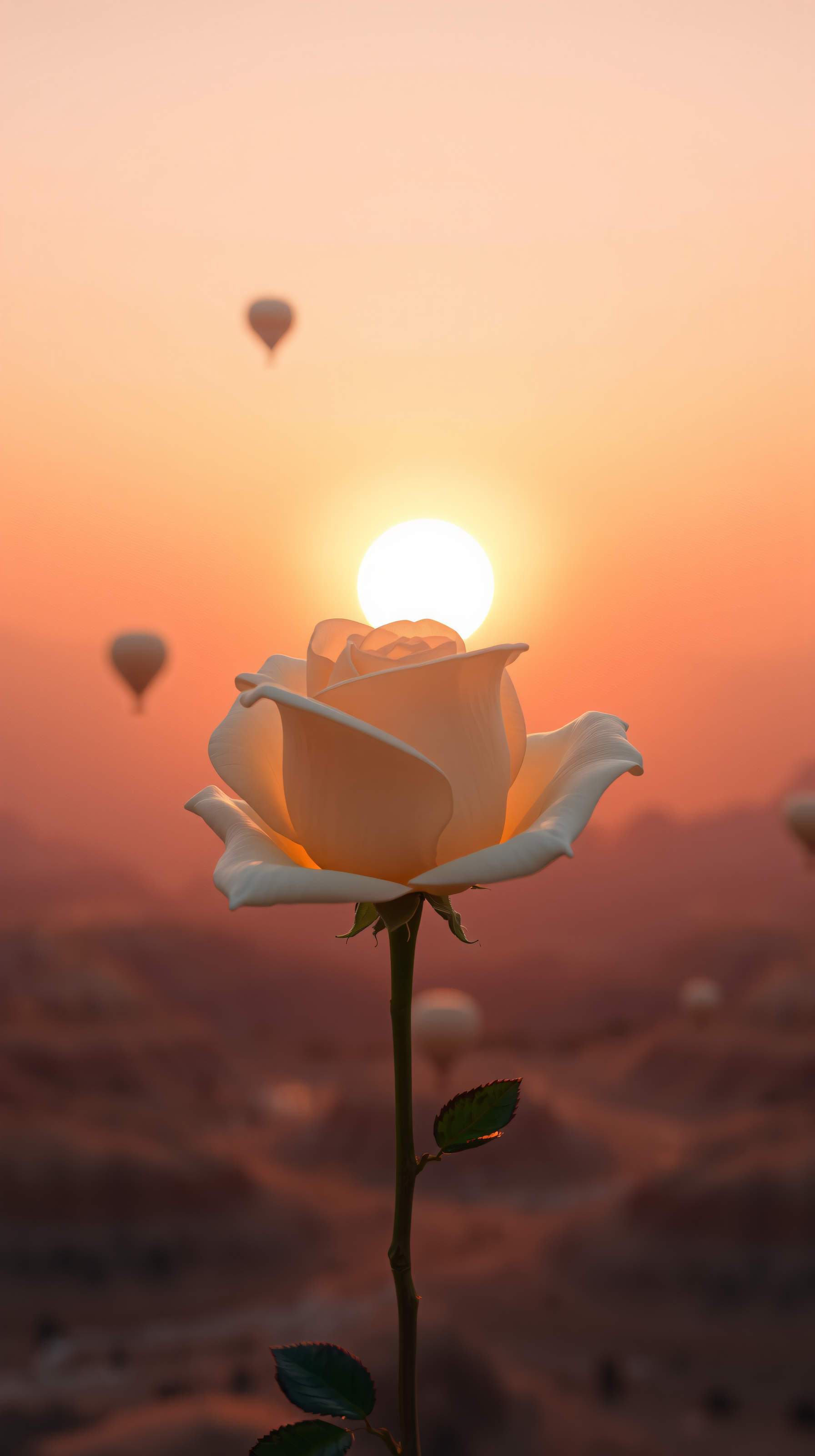 Romantic White Rose at Golden Hour with Hot Air Balloons, rose, white rose, sunset, sunrise, golden hour, hot air balloons