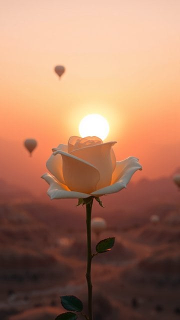 Romantic White Rose at Golden Hour with Hot Air Balloons