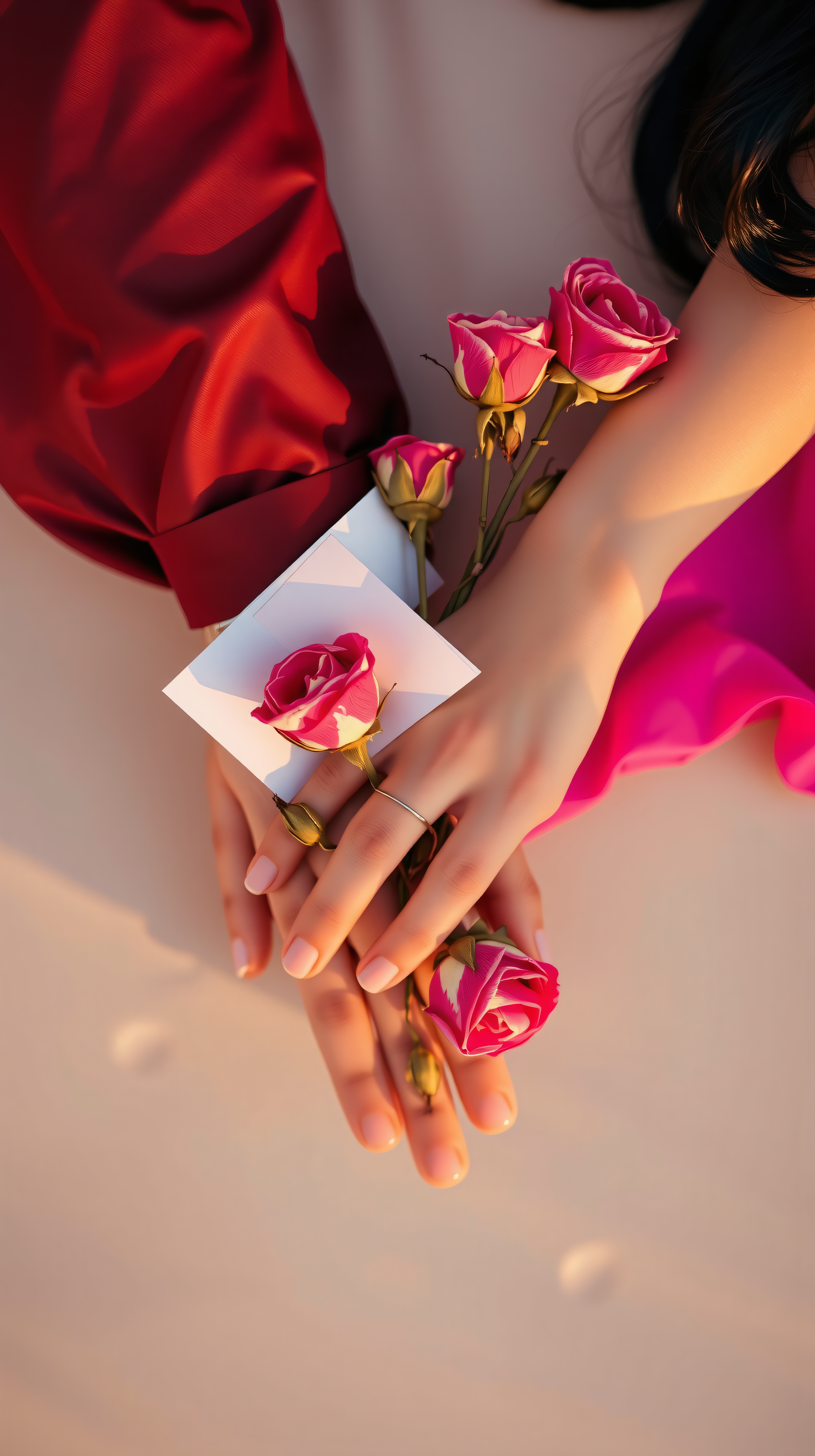 Elegant Hands with Pink Roses and Red Fabric, hands, roses, pink flowers, red fabric, romantic, elegant