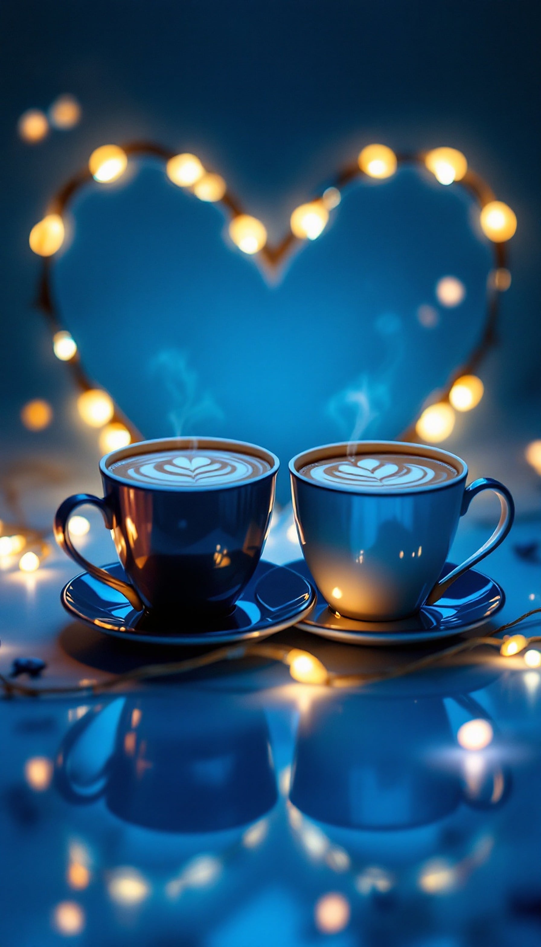 Romantic Coffee Cups with Heart Lights, coffee cups, latte art, heart lights, romantic, cozy, blue