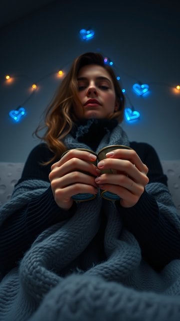 Cozy Woman with Warm Drinks and Heart Lights