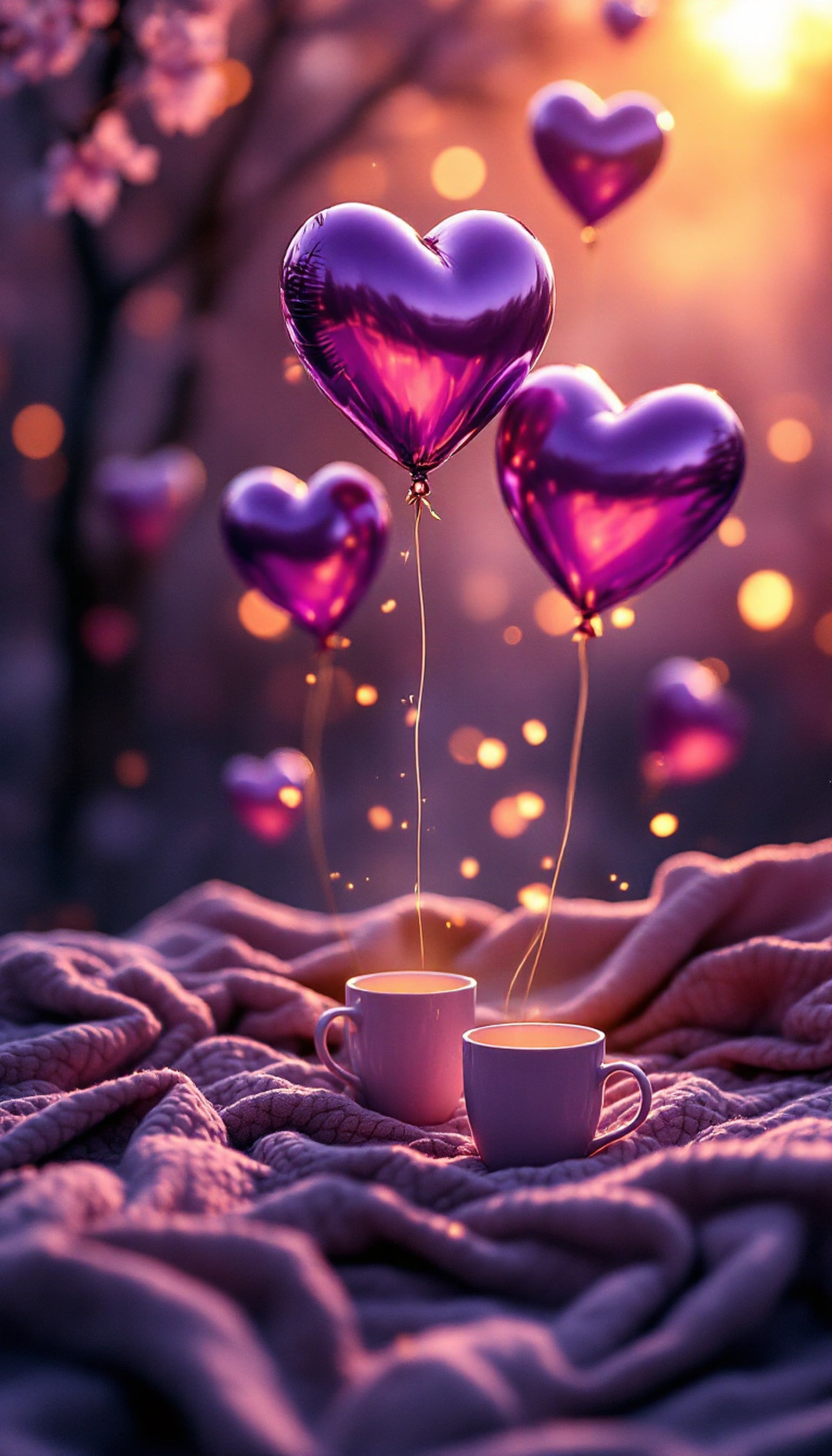 Dreamy Purple Heart Balloons & Cozy Coffee, heart balloons, purple, romantic, cozy coffee, aesthetic, dreamy