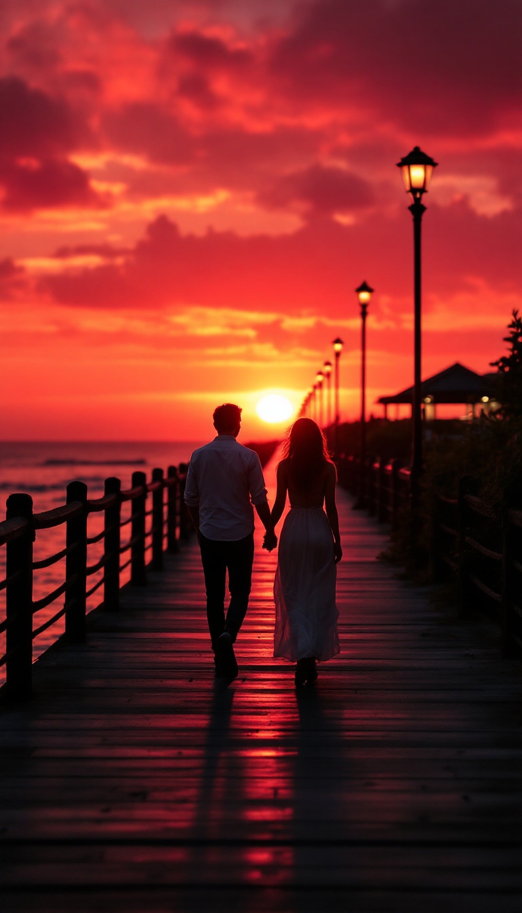 Romantic Sunset Boardwalk Walk Couple, sunset, romantic, couple, boardwalk, red sky, orange sunset