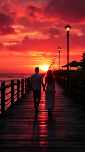 Romantic Sunset Boardwalk Walk Couple
