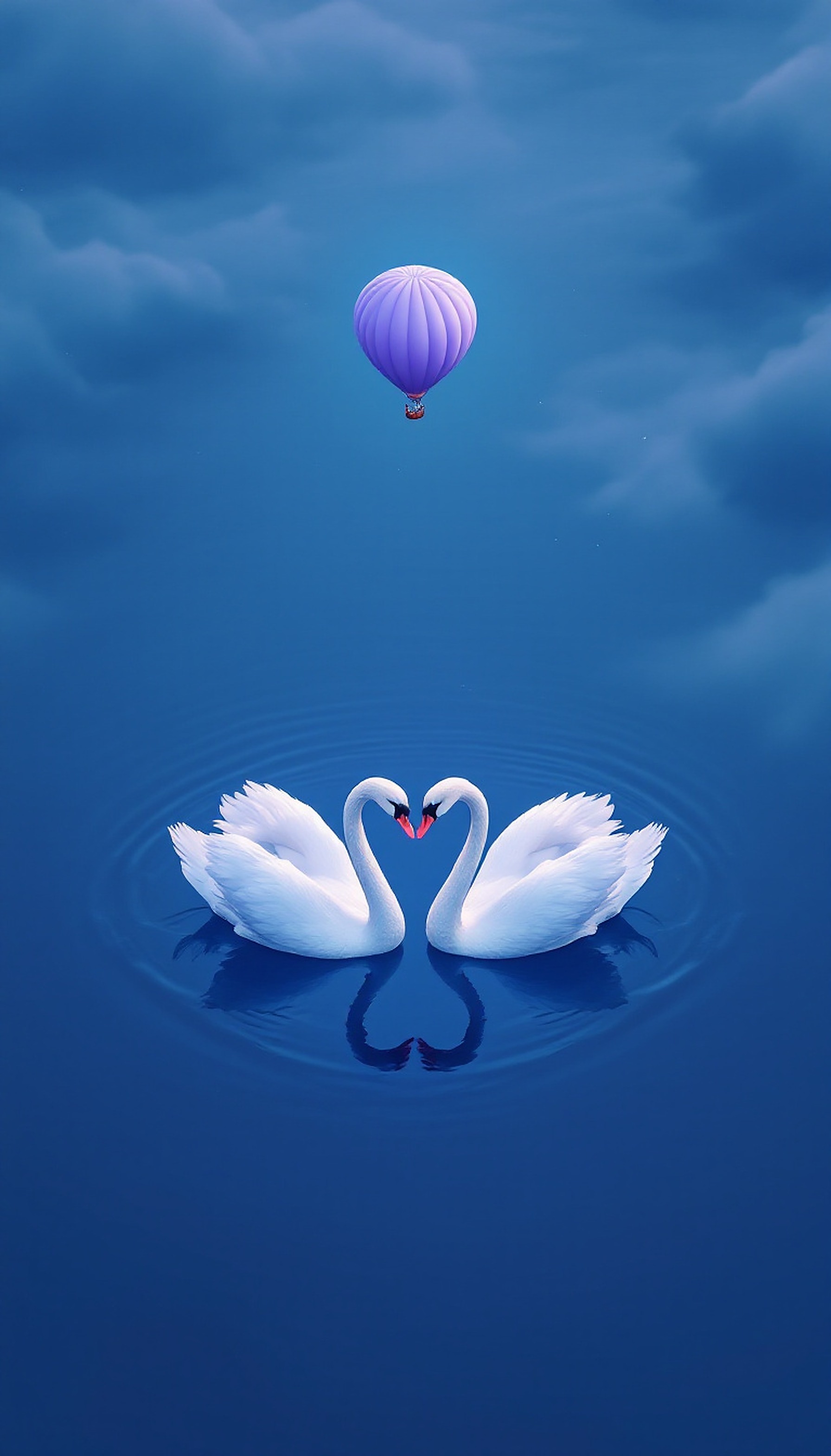 Romantic Swans & Hot Air Balloon Wallpaper, swans, hot air balloon, love, romance, blue, purple