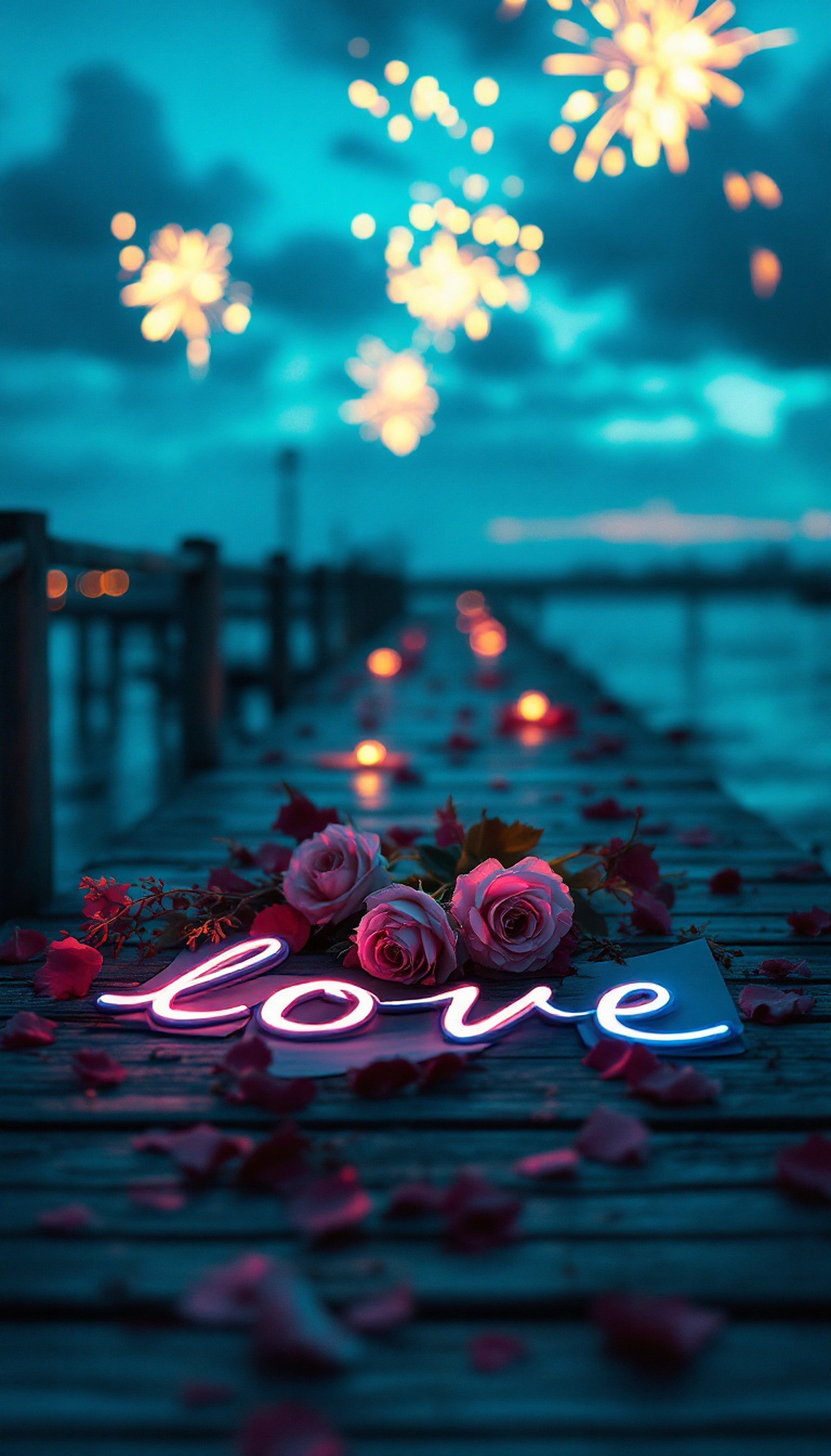 Romantic Love Neon Sign on Dock at Night, love wallpaper, romantic wallpaper, neon sign, roses, fireworks, dock