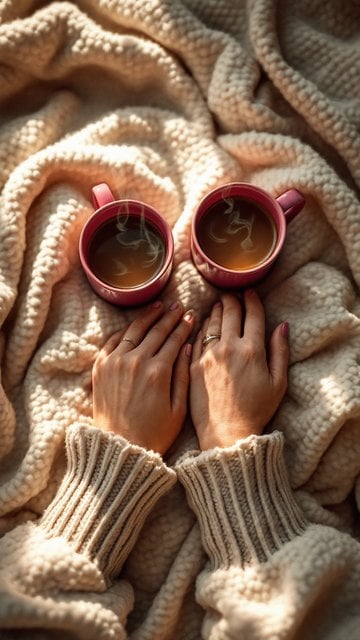 Cozy Coffee Cups & Hands on Knitted Blanket