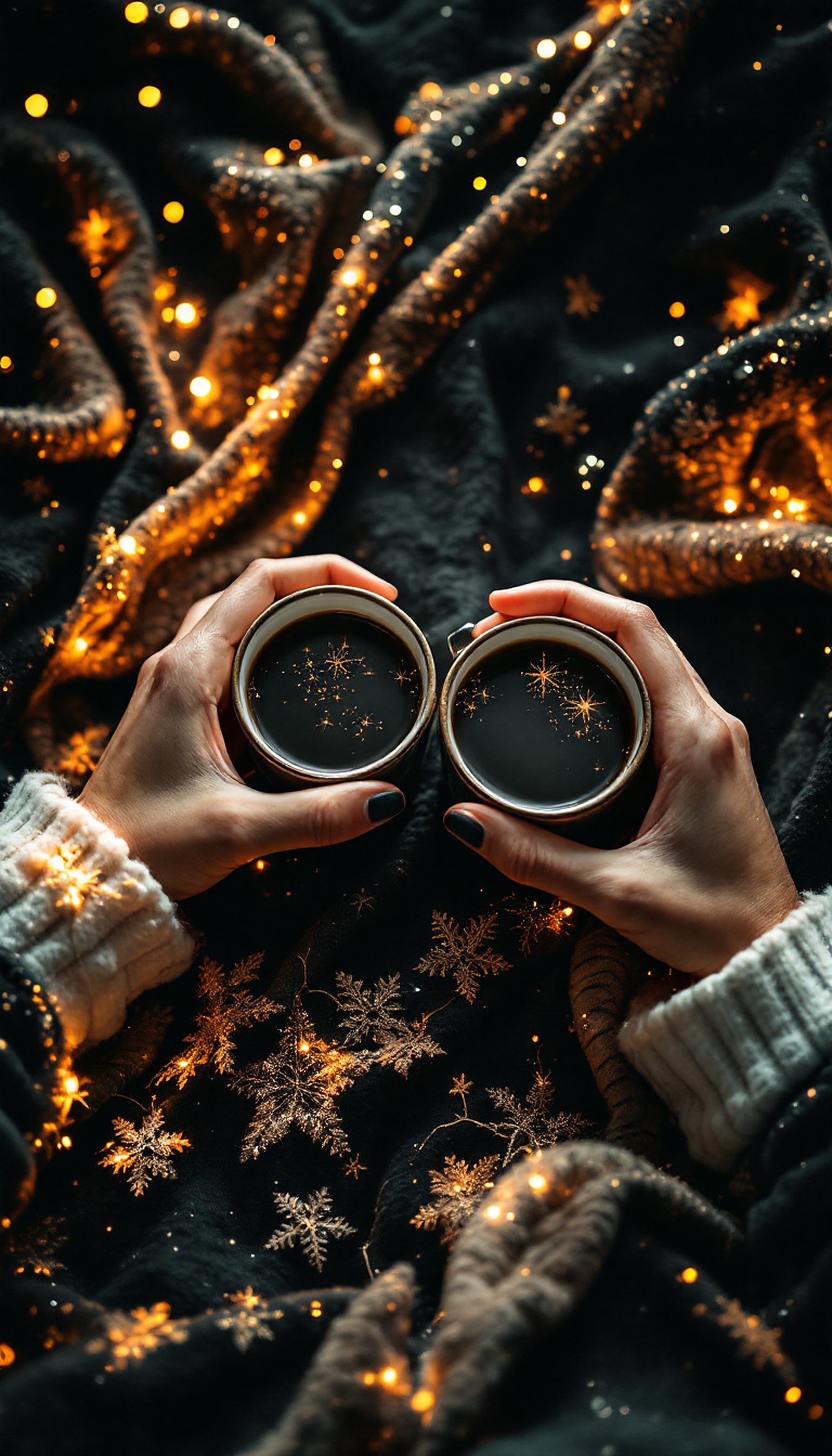 Cozy Winter Coffee Aesthetic Wallpaper, cozy, winter, coffee, hands, sparkle, snowflakes