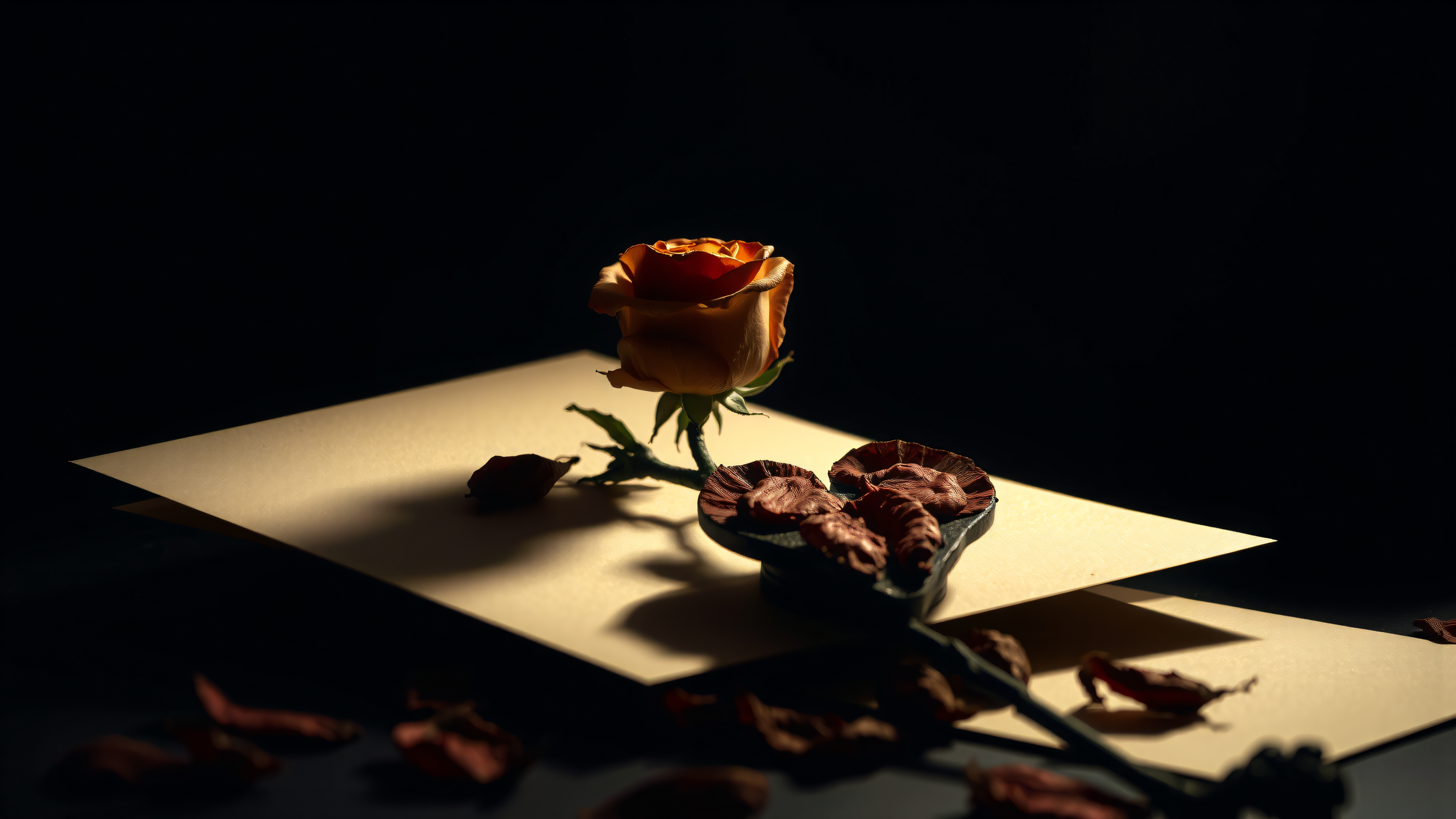Dramatic Orange Rose on Cream Paper Dark Background, orange rose, dark background, moody floral, dramatic lighting, flower wallpaper, elegant aesthetic