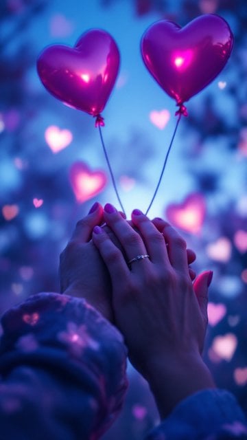 Couple's Hands, Heart Balloons, Romantic Bokeh