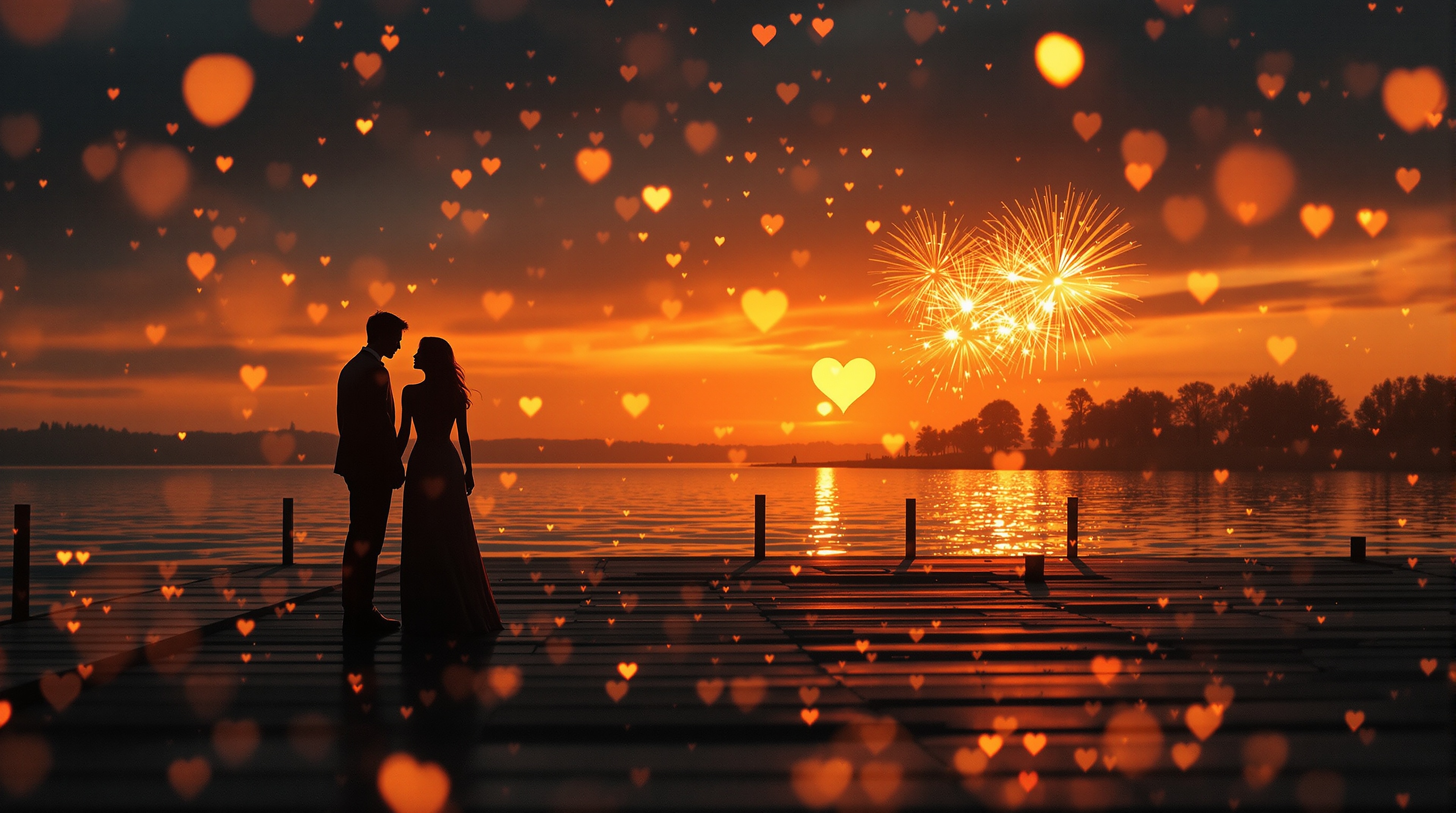 Romantic Sunset Couple with Fireworks & Hearts Bokeh, romantic wallpaper, sunset love, fireworks, hearts bokeh, couple silhouette, dock scene