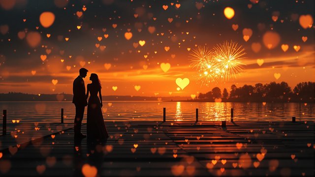 Romantic Sunset Couple with Fireworks & Hearts Bokeh