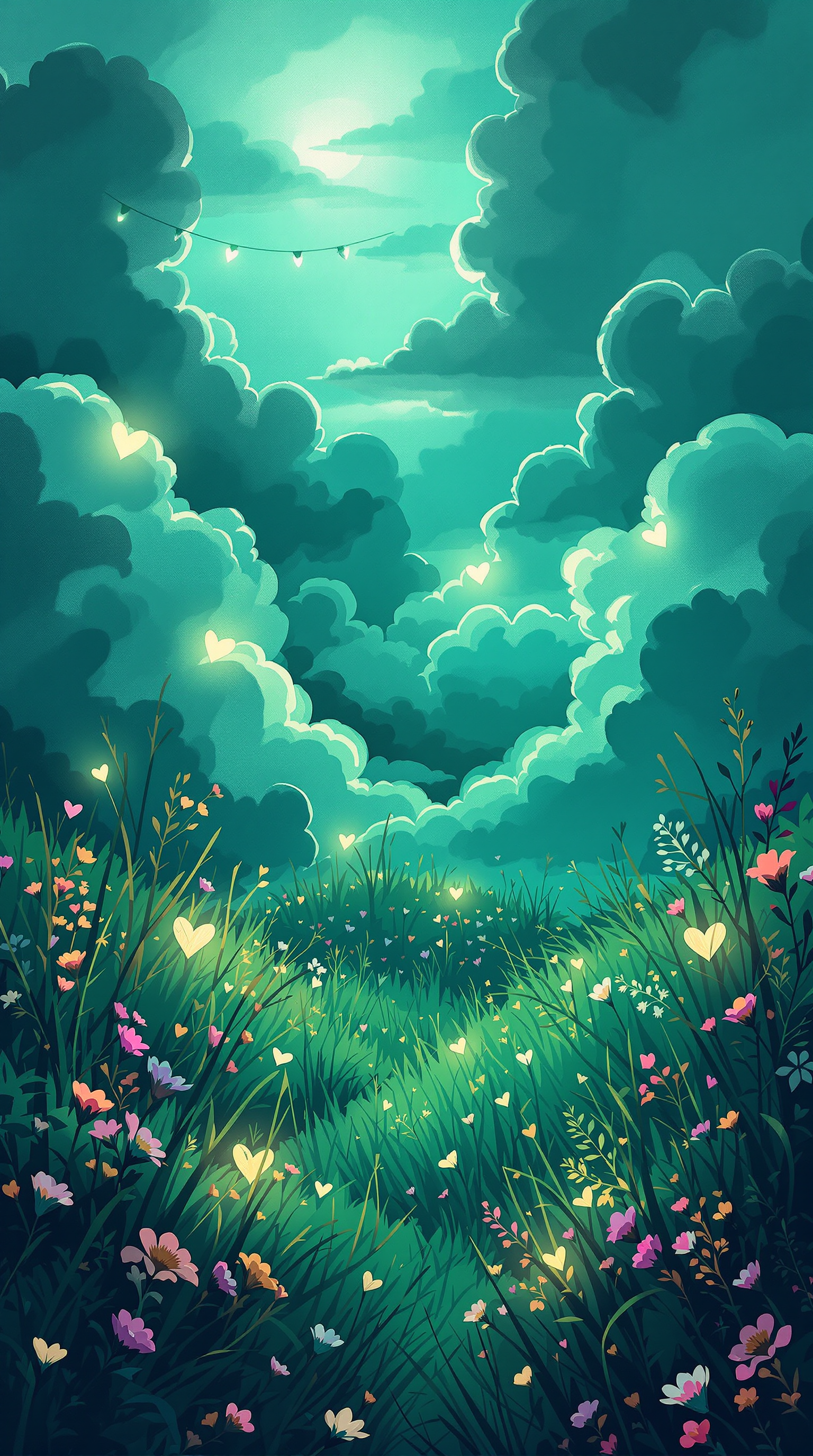 Enchanted Teal Sky Meadow with Glowing Hearts, enchanted meadow, glowing hearts, teal sky, dreamy clouds, fantasy art, whimsical wallpaper