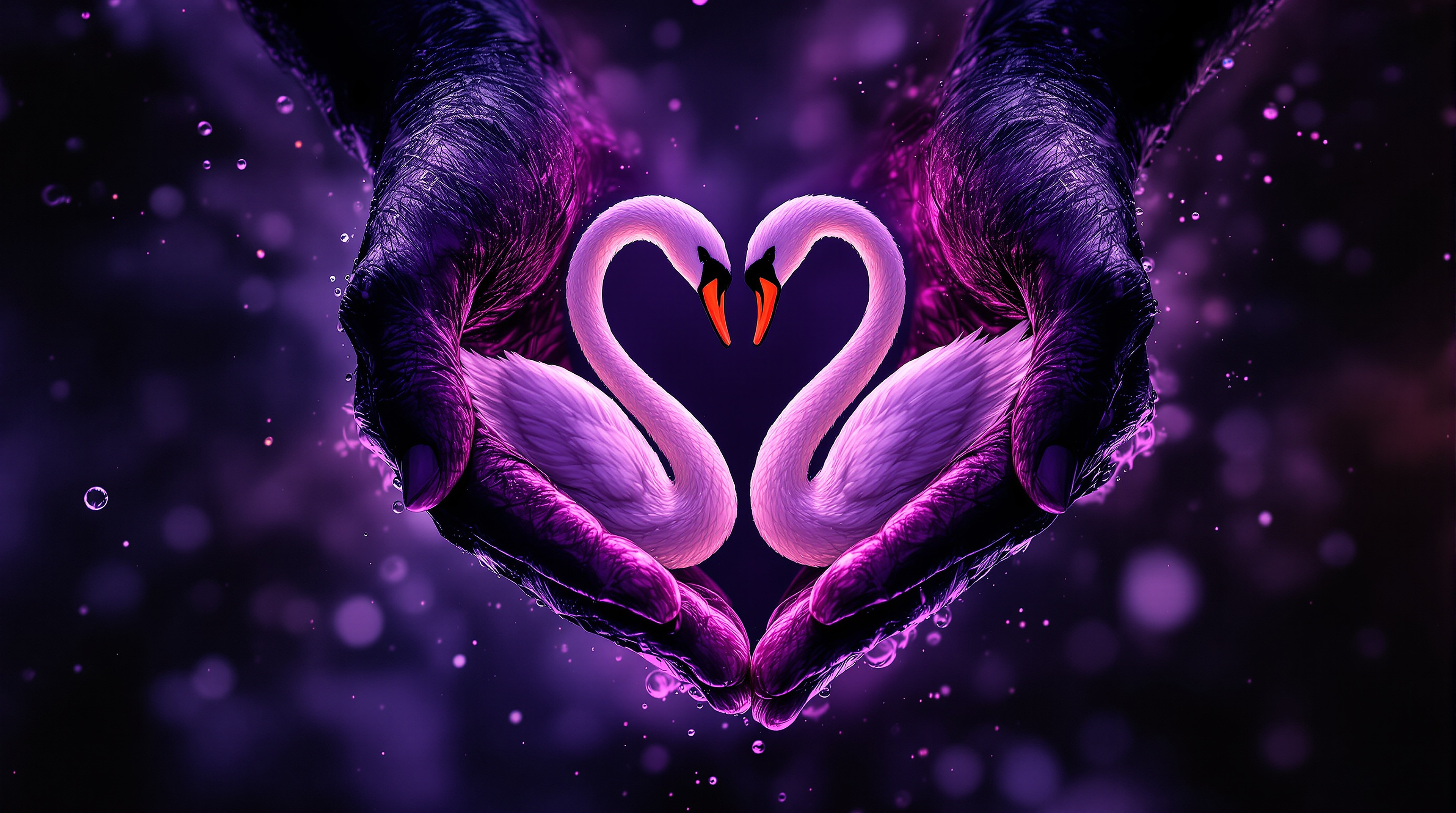 Cosmic Swans Heart Hands Purple Wallpaper, swans, heart, hands, purple, cosmic, love