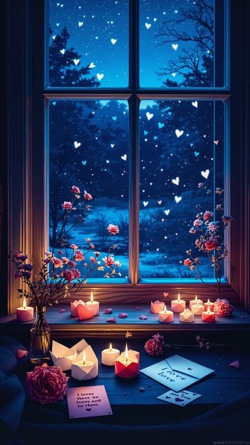 Cozy Window View with Hearts & Candles at Night