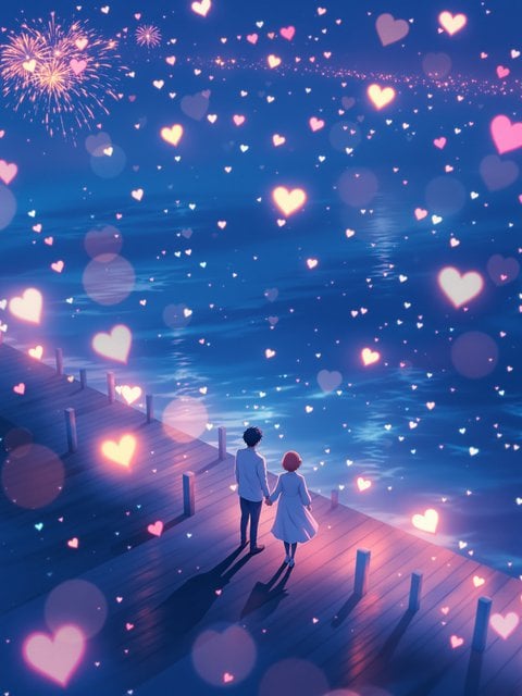 Couple on Dock Under Heart Fireworks