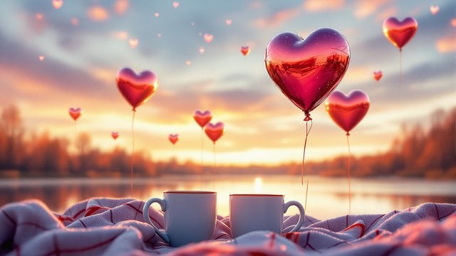 Romantic Sunset with Heart Balloons & Cups