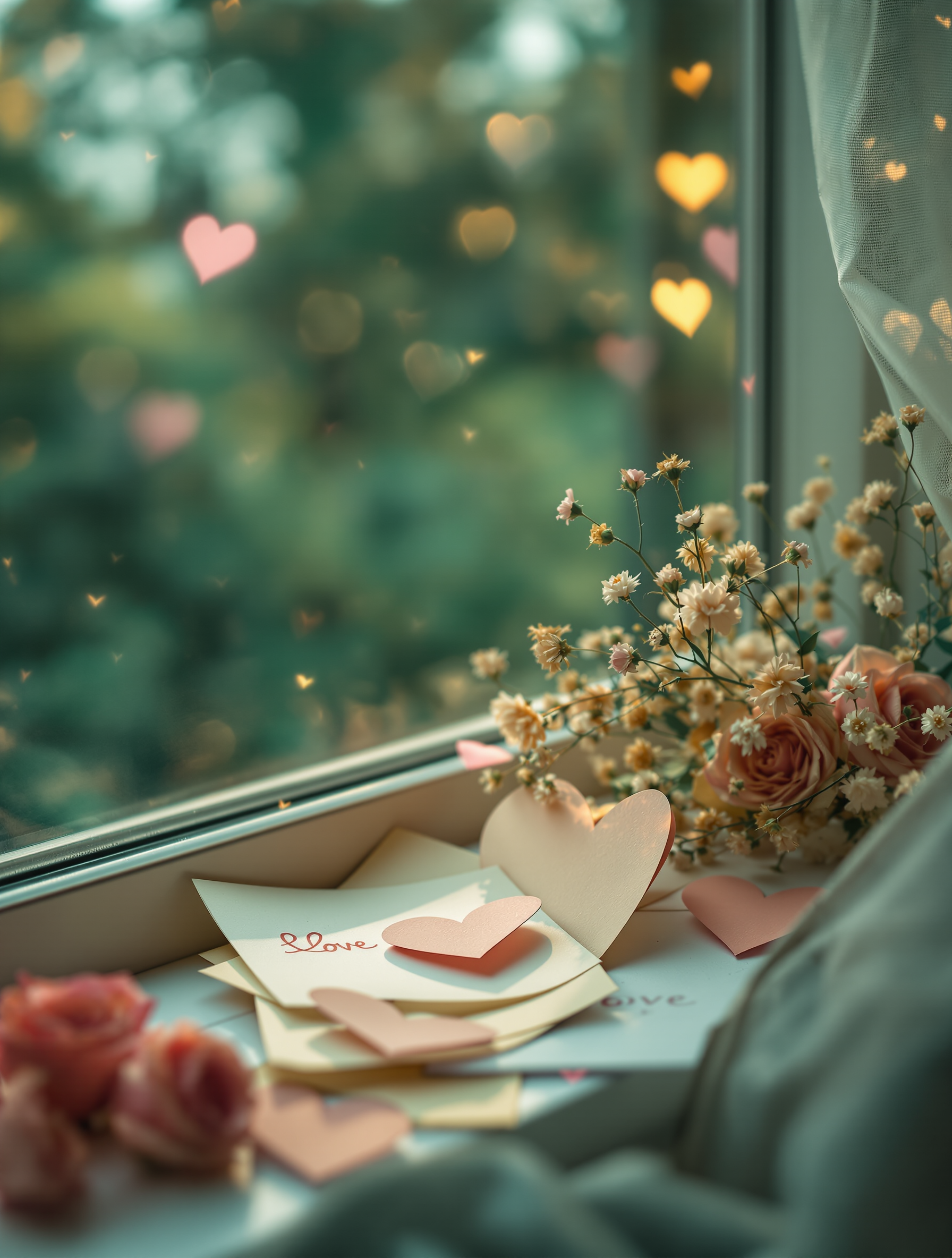 Romantic Window Sill with Hearts and Flowers, romantic, love, hearts, flowers, window sill, bokeh