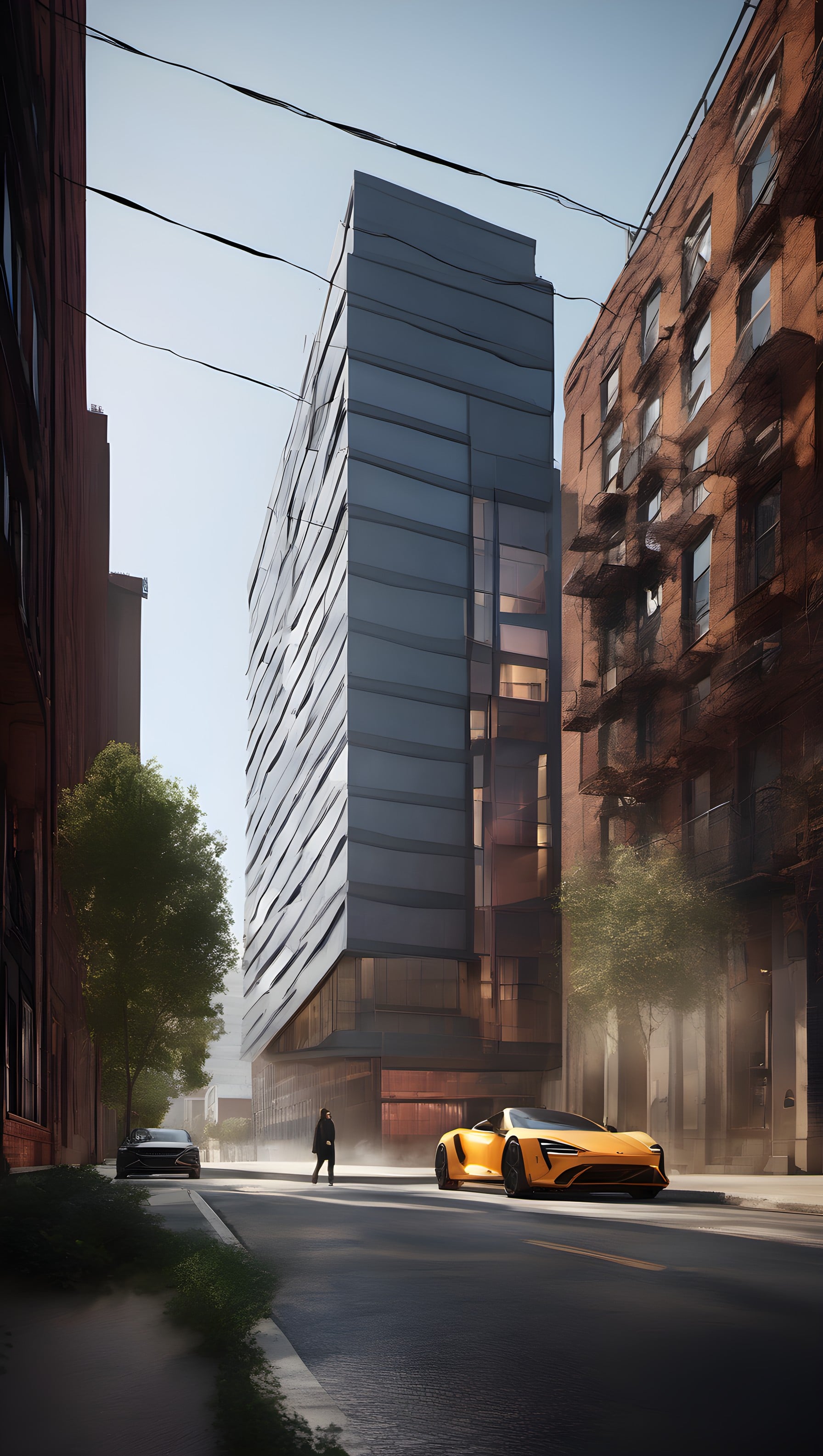 Urban Street with Modern Skyscraper and Sports Car, urban, cityscape, modern architecture, skyscraper, sports car, yellow car