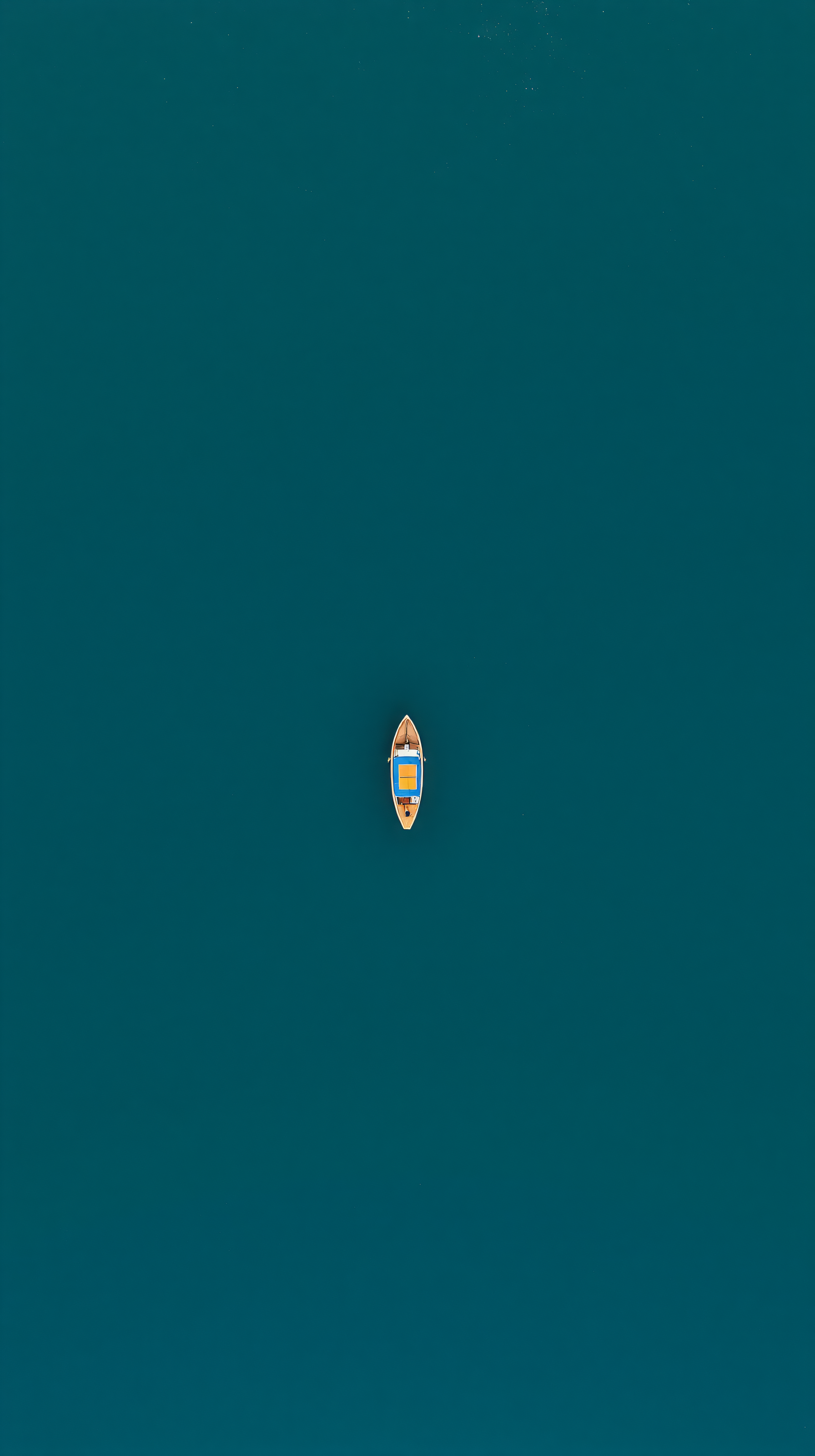 Minimalist Teal Water with Lone Wooden Boat, minimalist, teal water, wooden boat, aerial view, ocean, calm