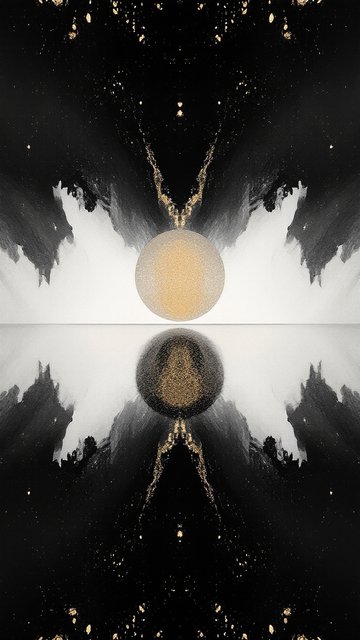 Abstract Gold Sphere Black and White Ink Art