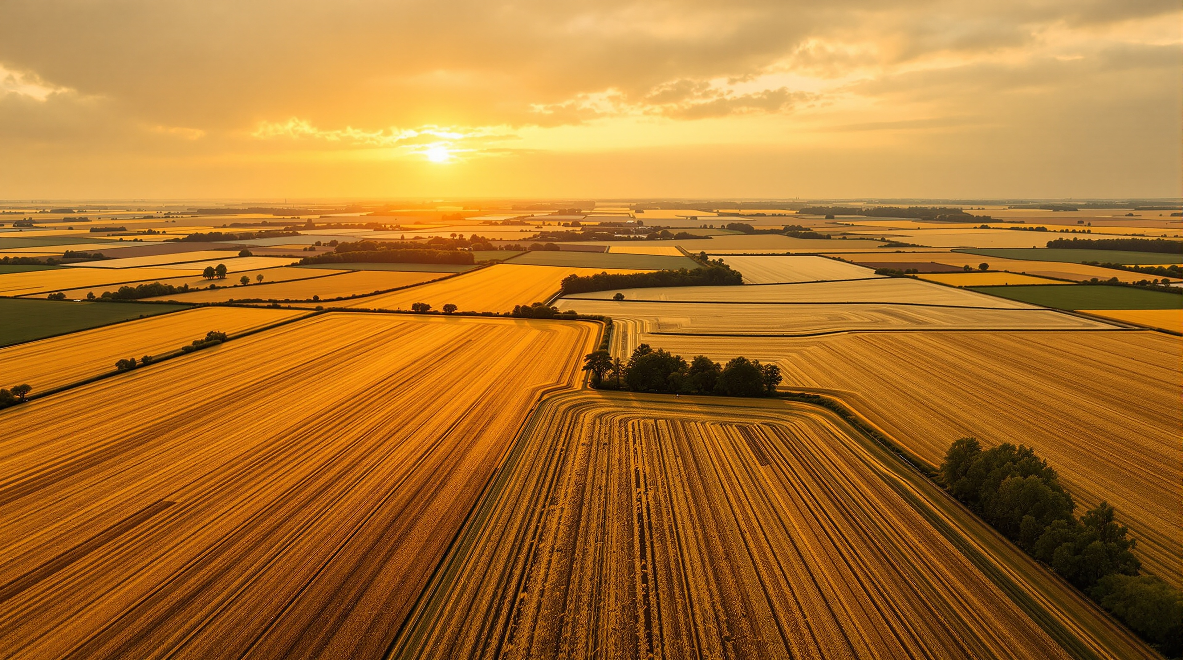 Golden Sunset Over Vast Agricultural Fields, golden hour, sunset fields, aerial landscape, farmland wallpaper, nature background, warm aesthetic